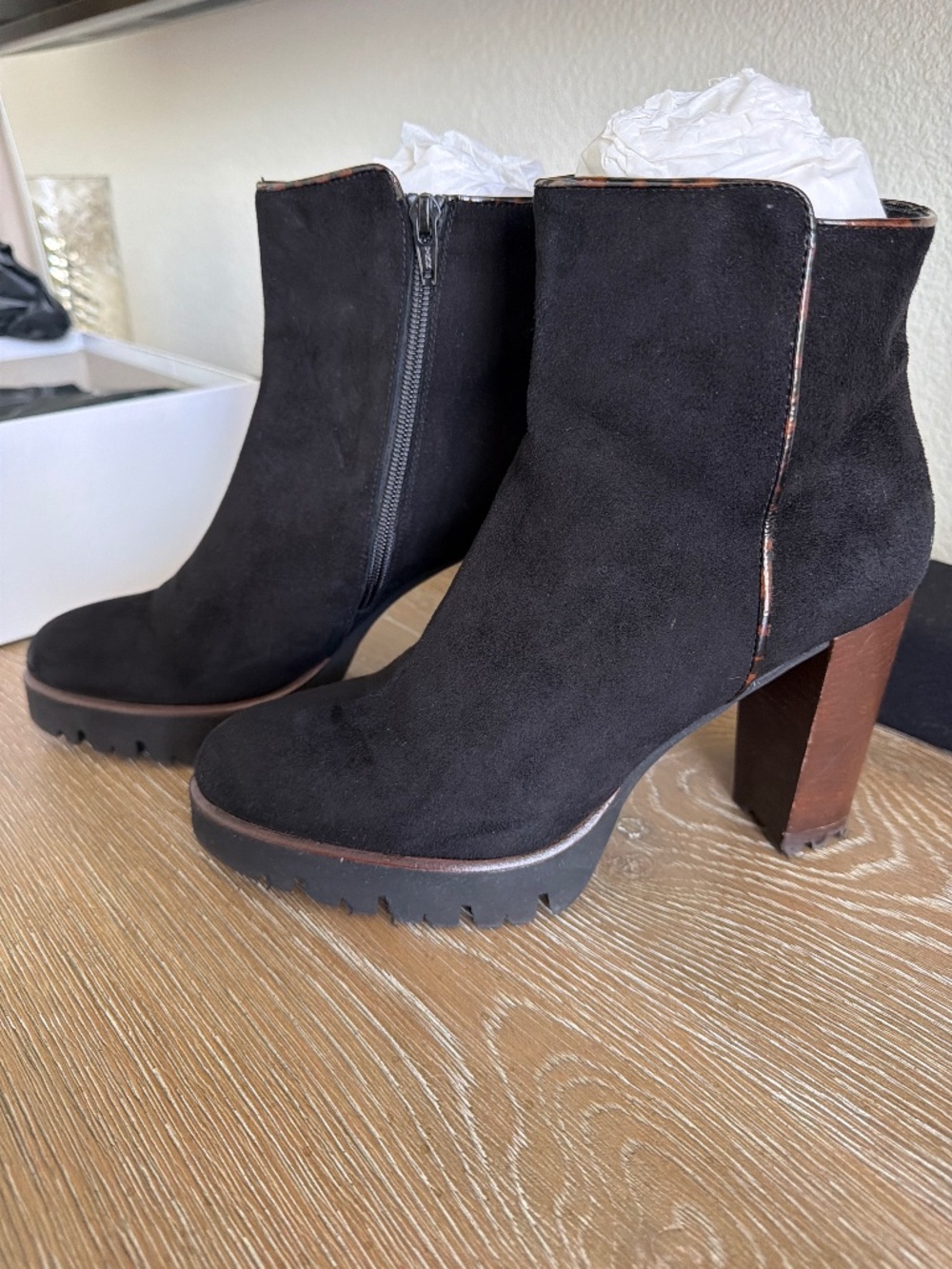 Luca Grossi black suede platform ankle boots w leather reddish accent trim NIB